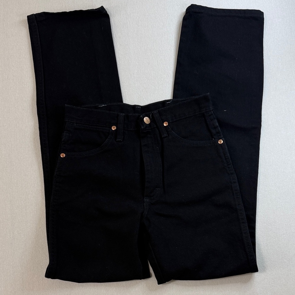 Wrangler Men's Slim Straight Jeans in Black with Tan Patch - Picture 3 of 9